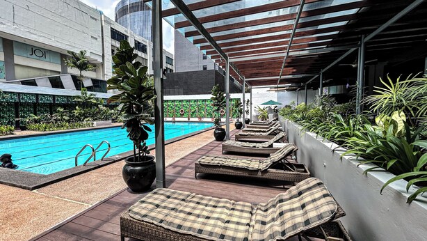 Un área de piscina en la azotea con sillones de descanso, plantas en macetas y vistas de la ciudad.