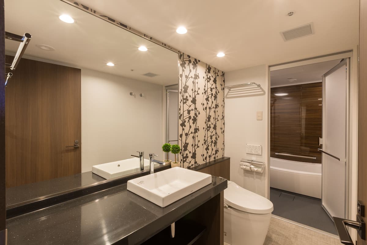 combined shower/bathtub, deep-soaking bathtub, free toiletries