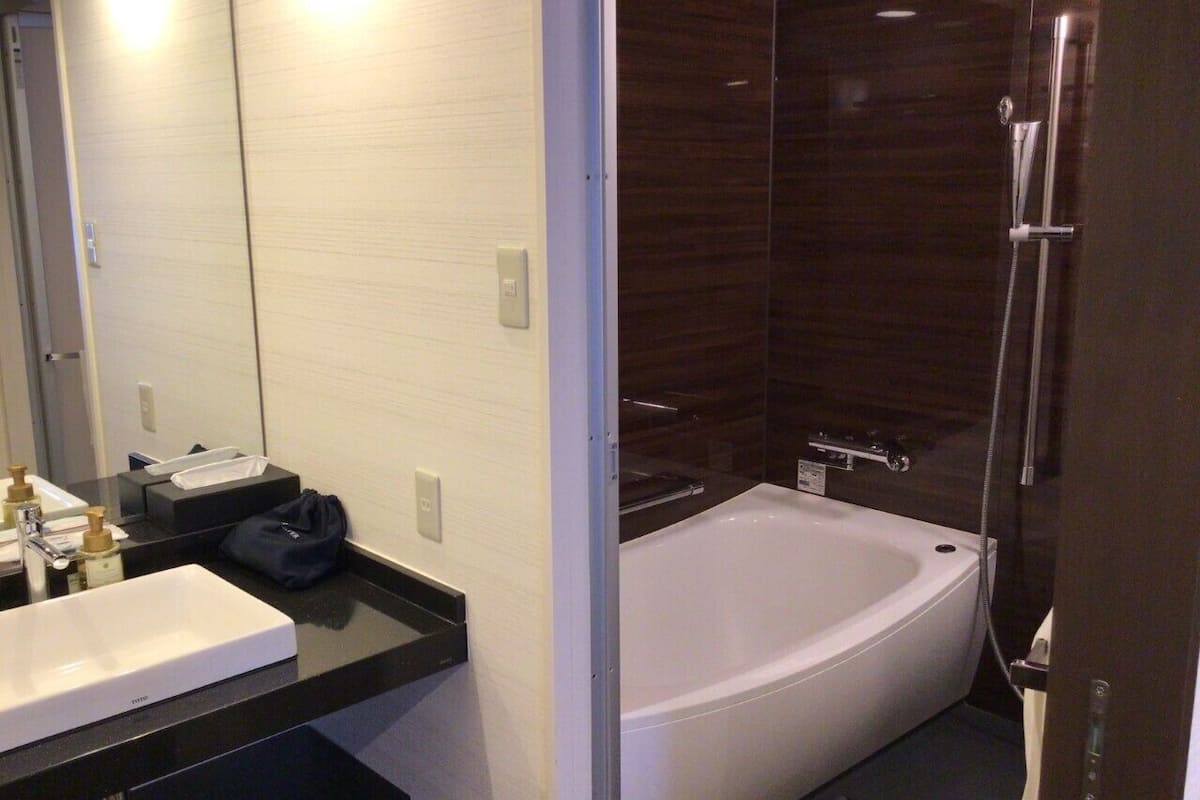 combined shower/bathtub, deep-soaking bathtub, free toiletries