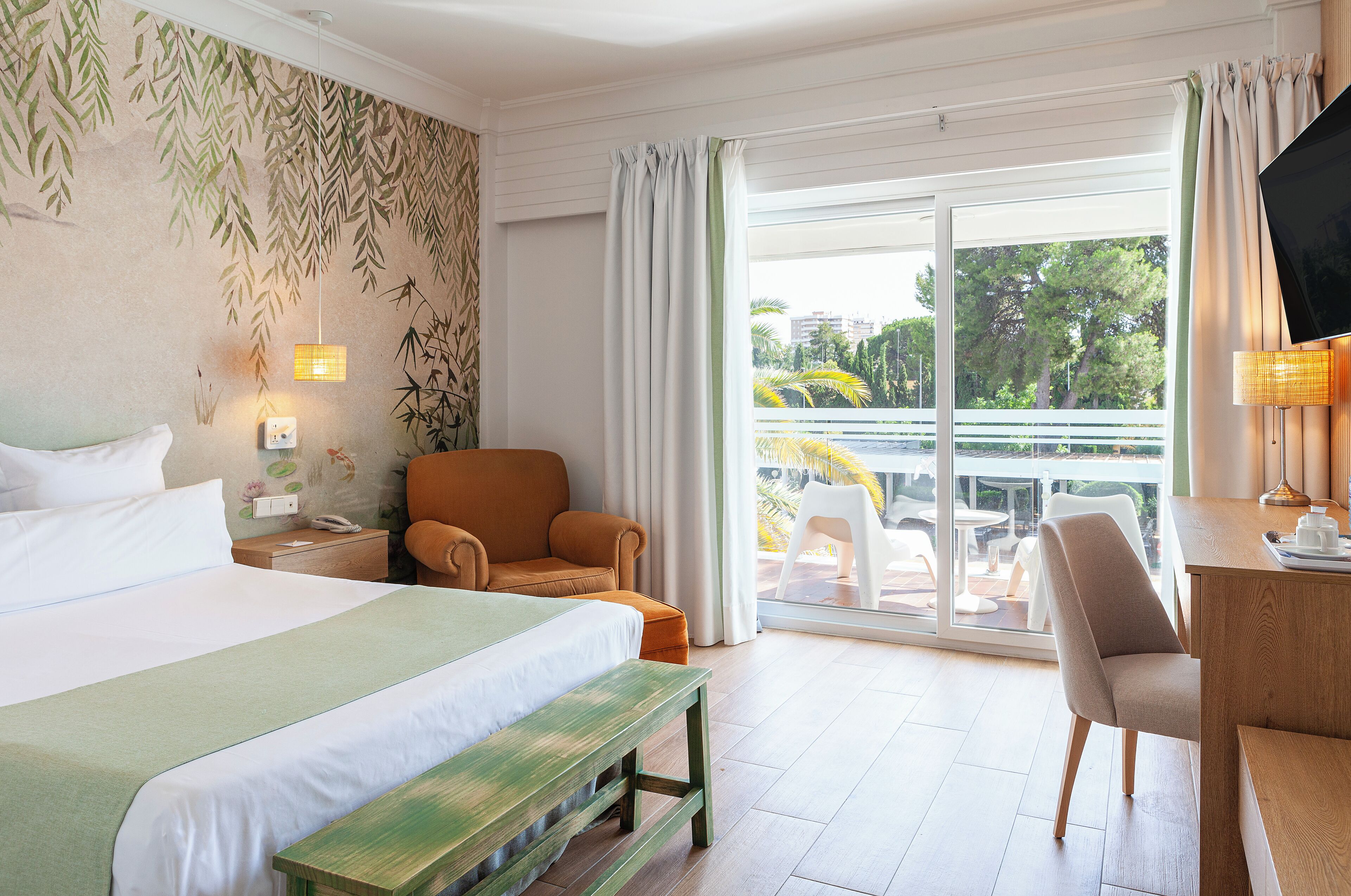 Classic Double Room, Pool View | Free minibar items, in-room safe, desk, laptop workspace