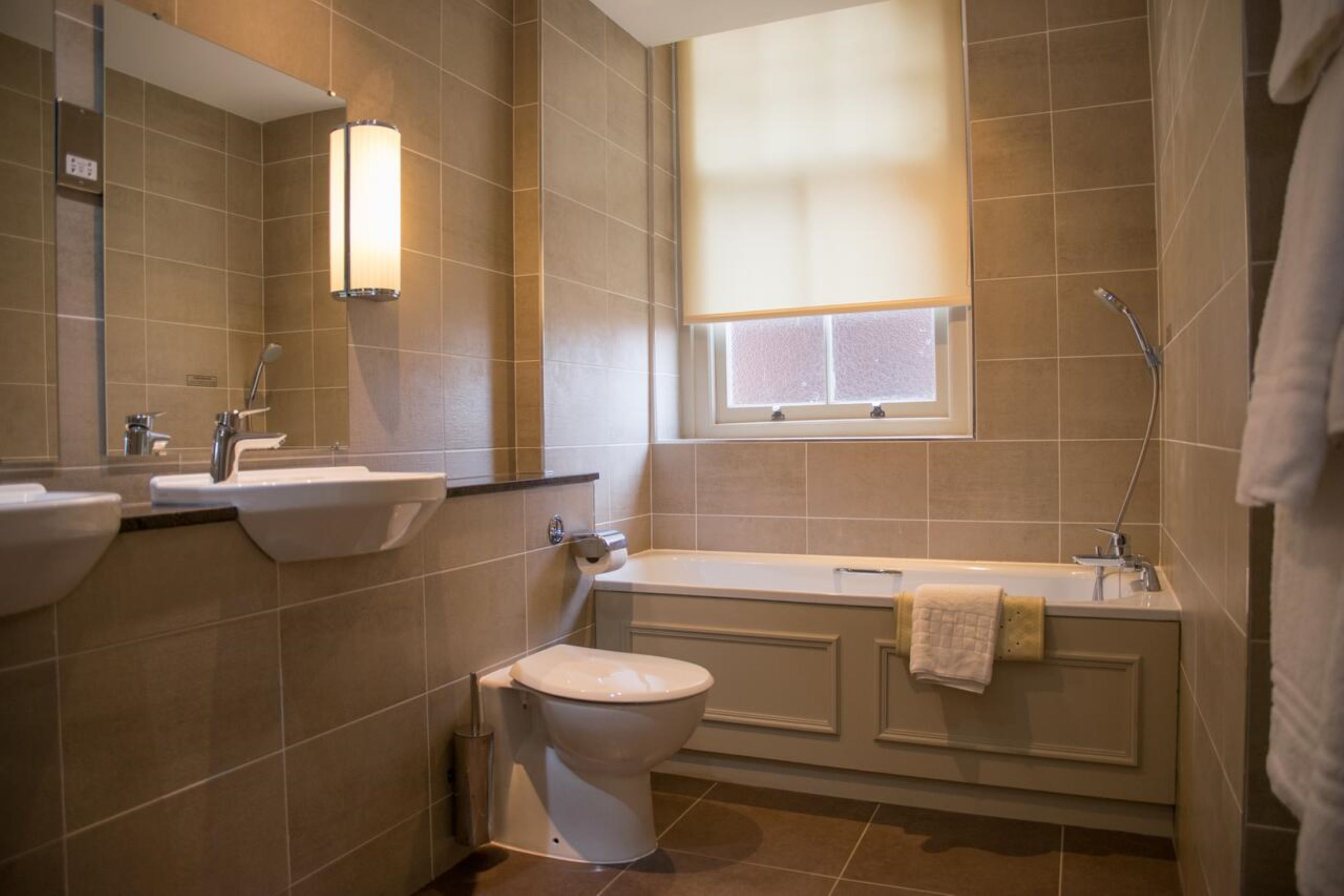 combined shower/bathtub, free toiletries, hair dryer, towels