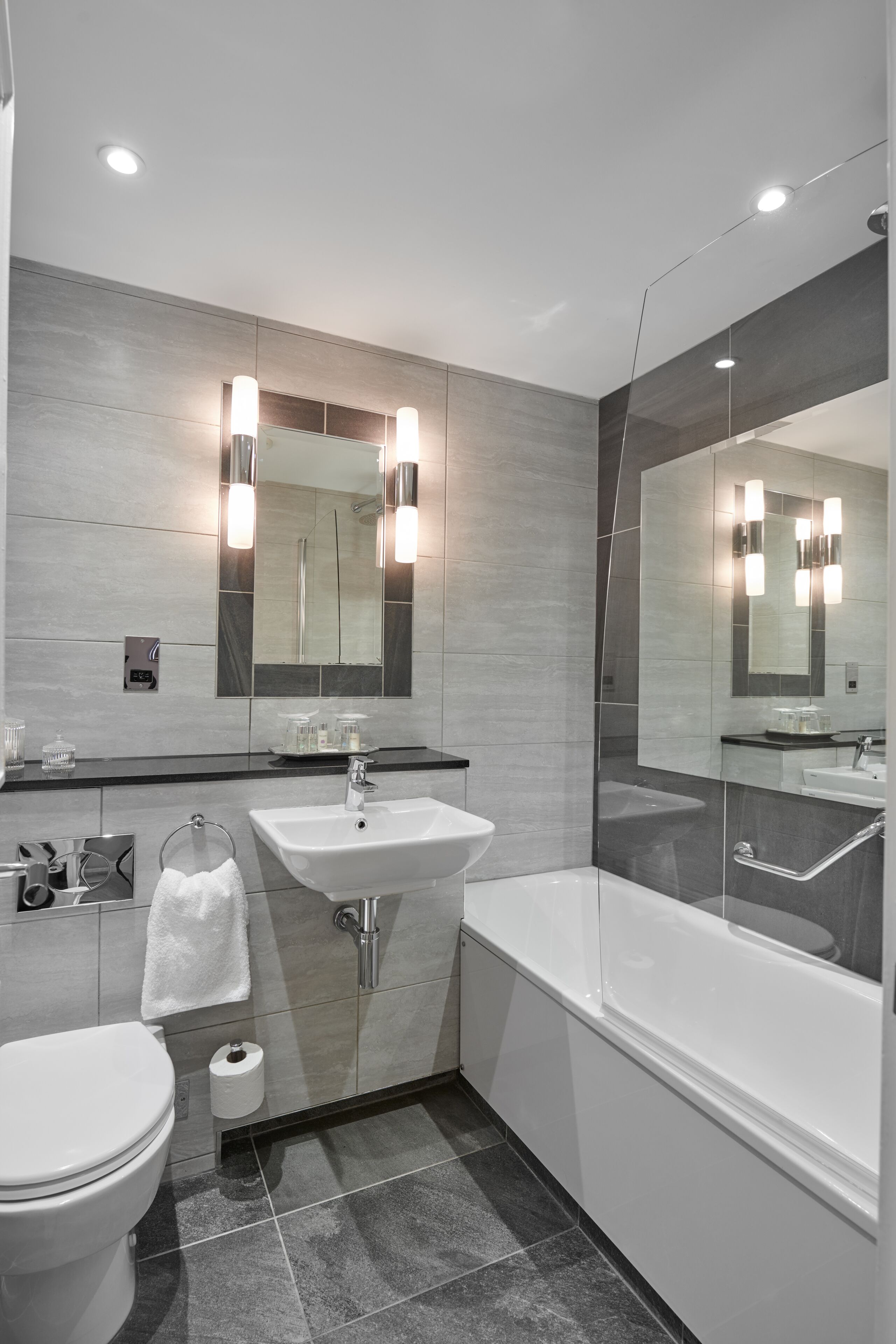 designer toiletries, hair dryer, towels, toilet paper