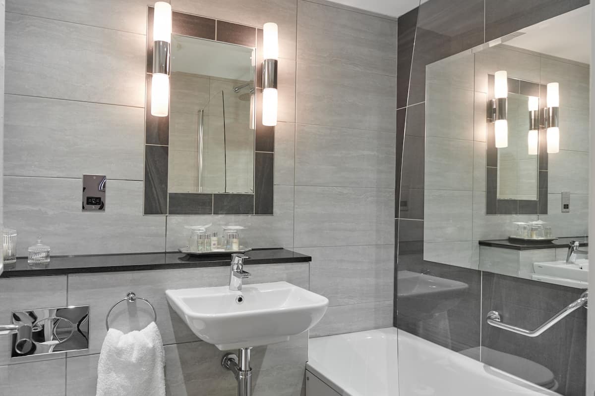 designer toiletries, hair dryer, towels, toilet paper