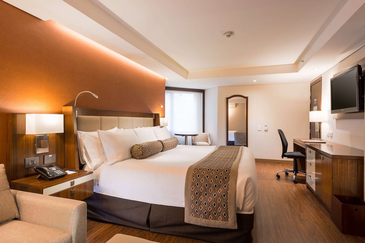 Habitación de hotel con una cama grande, mesita de noche con teléfono, escritorio con silla, televisor y espejo.