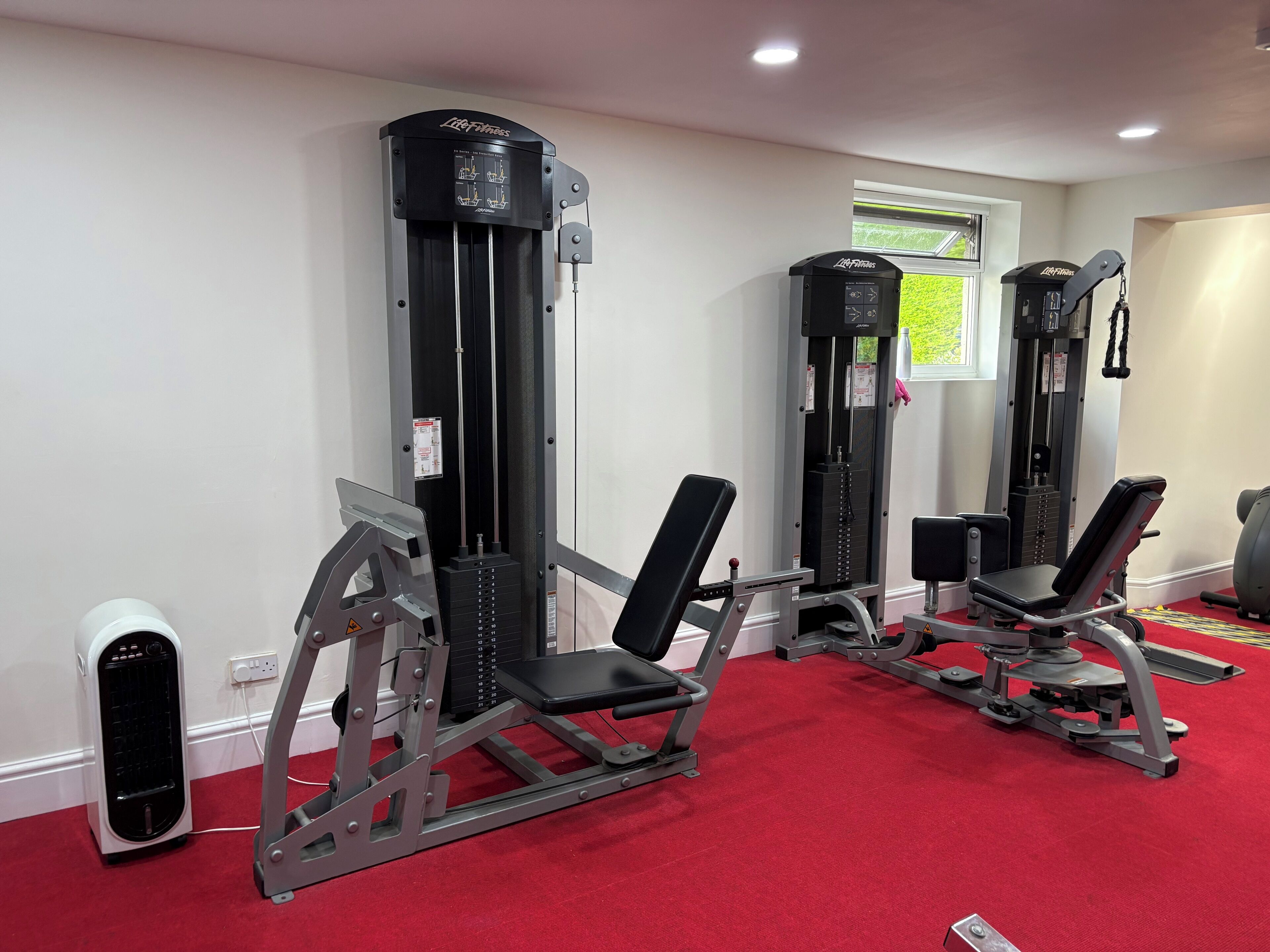 A home gym with various exercise equipment including a chest press machine, a leg press machine, and a bench.