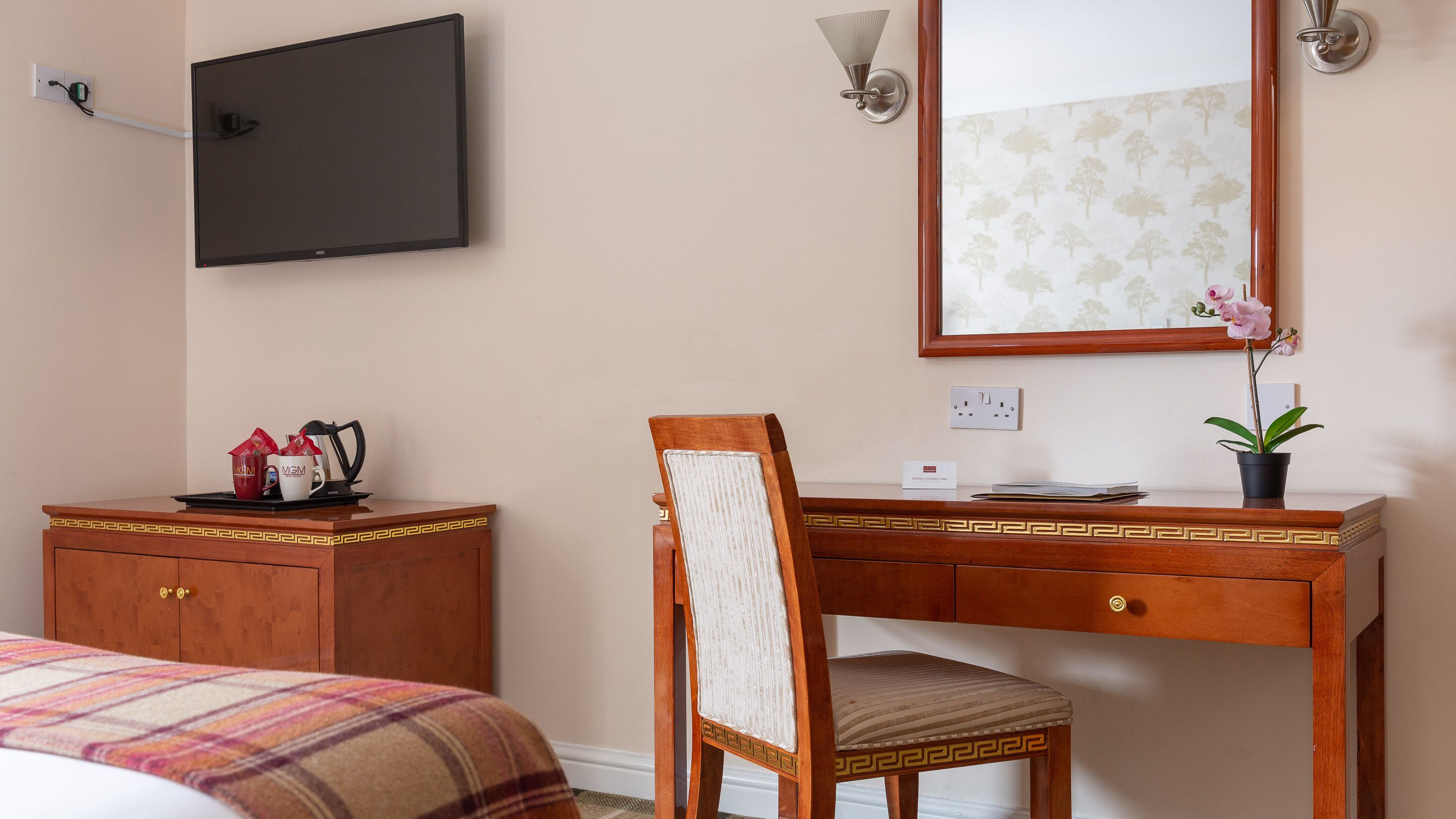 A hotel room with a wooden desk, a chair, a television mounted on the wall, and a potted plant.