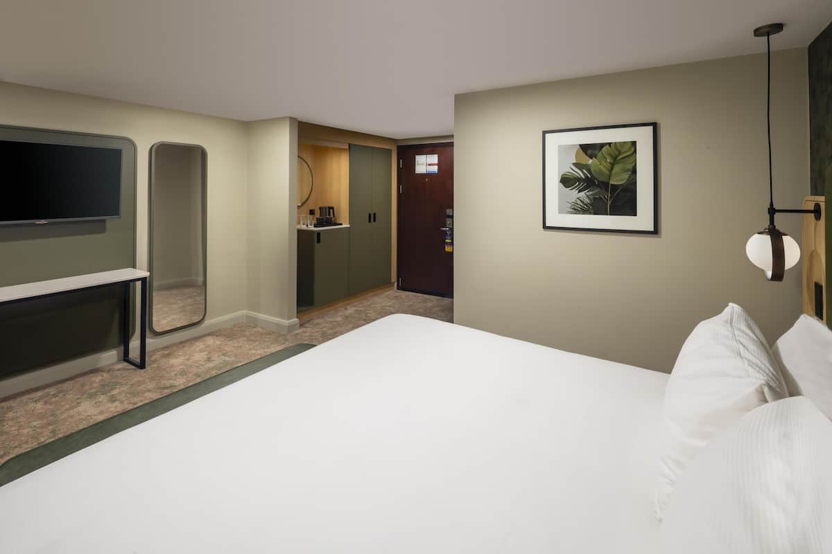 Une chambre d’hôtel dotée d’un grand lit, d’un t éléviseur à écran plat, d’un bureau avec une chaise, d’une petite kitchenette et d’un tableau encadré au mur.