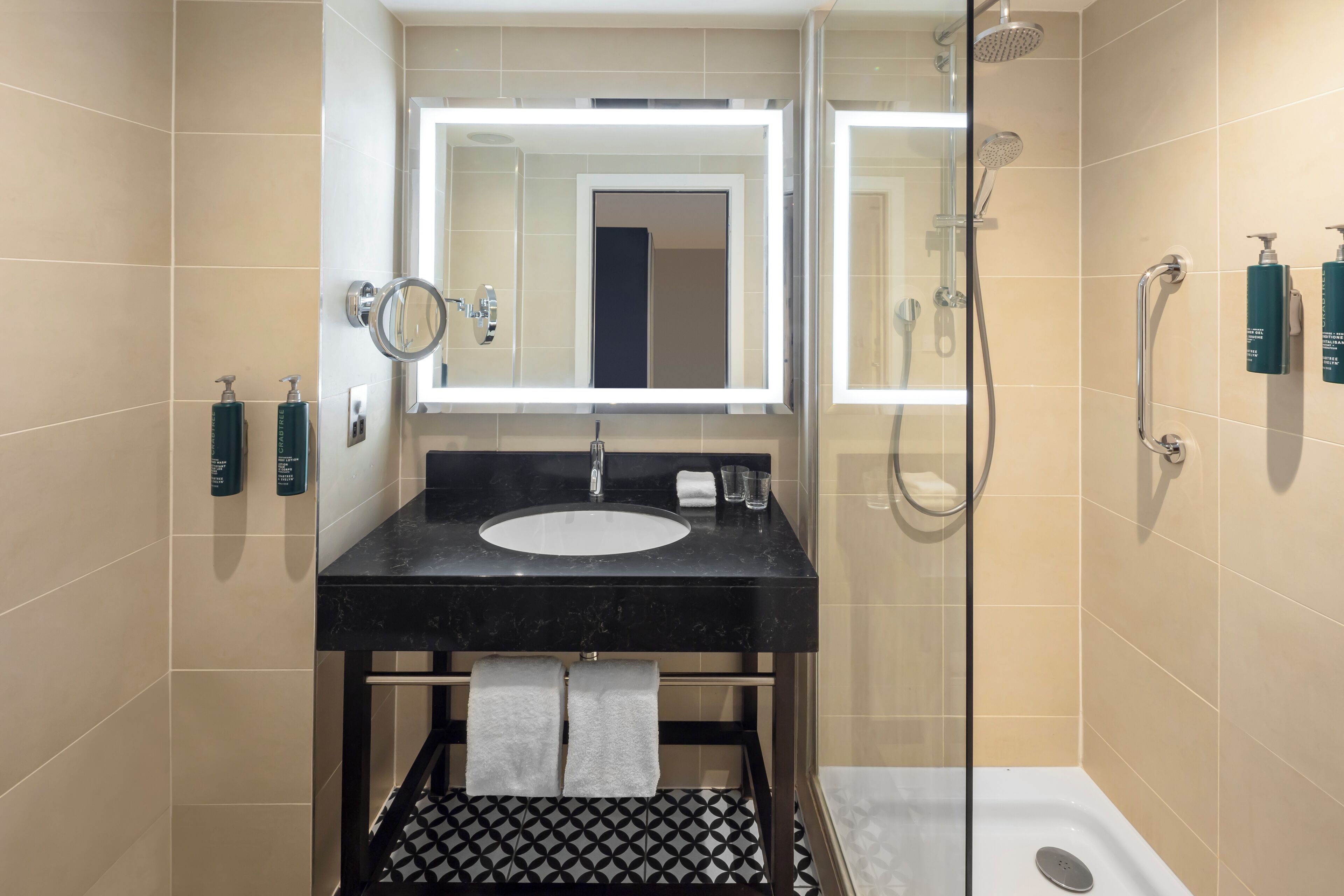 Eco-friendly toiletries, hair dryer, towels