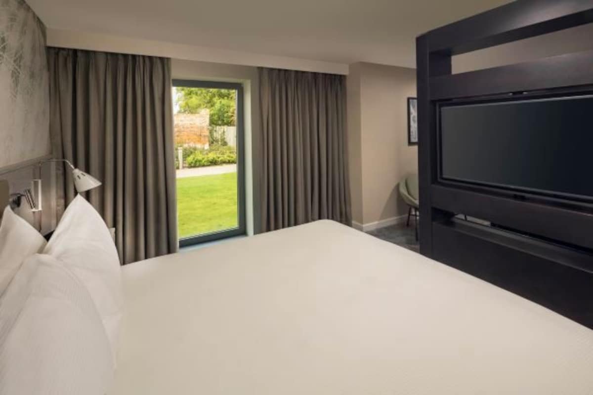Une chambre d’hôtel avec un grand lit, une télévision, un bureau avec une chaise et une vue sur un jardin par la fenêtre.