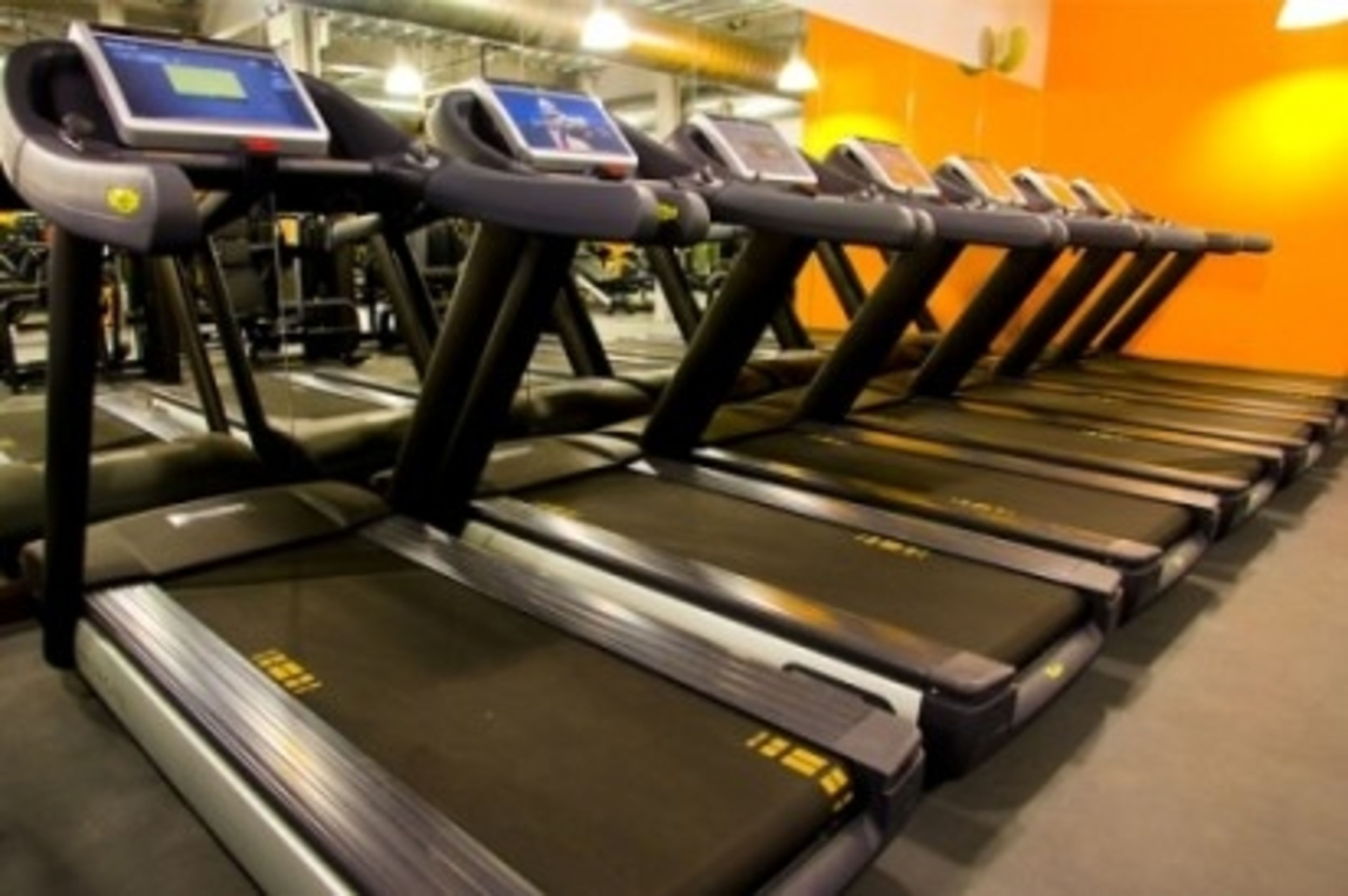 A row of treadmills in a gym with digital displays.