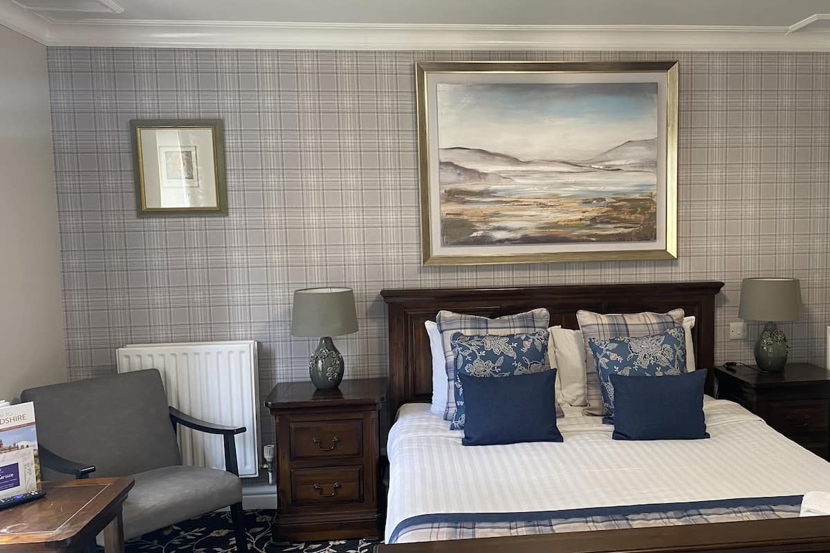 Quarto de hotel com cama, duas mesas de cabeceira, uma cadeira, radiador e um quadro na parede.