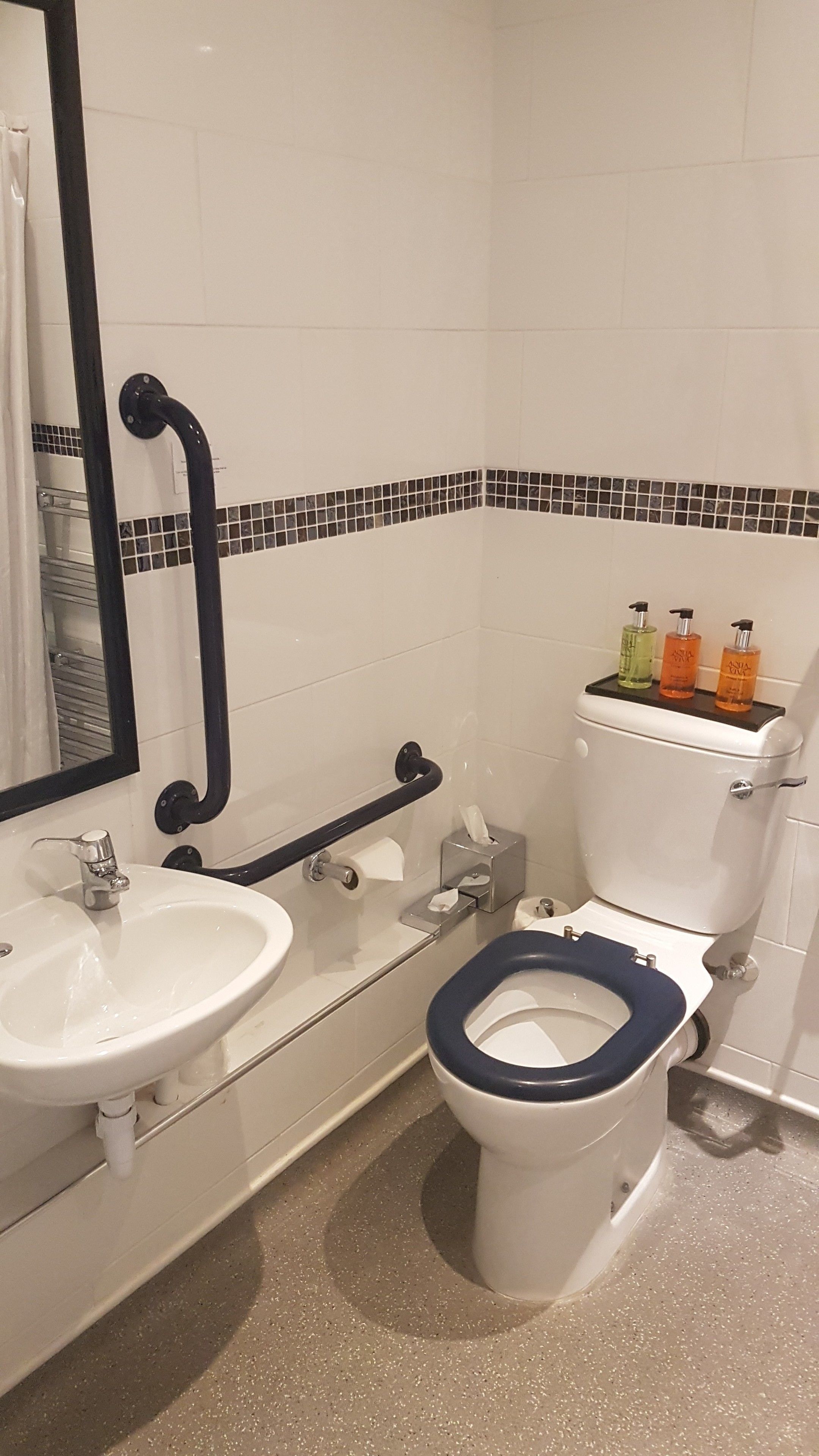 A bathroom with a white sink, a toilet with a blue seat, a handrail, a mirror, and a shelf with toiletries.