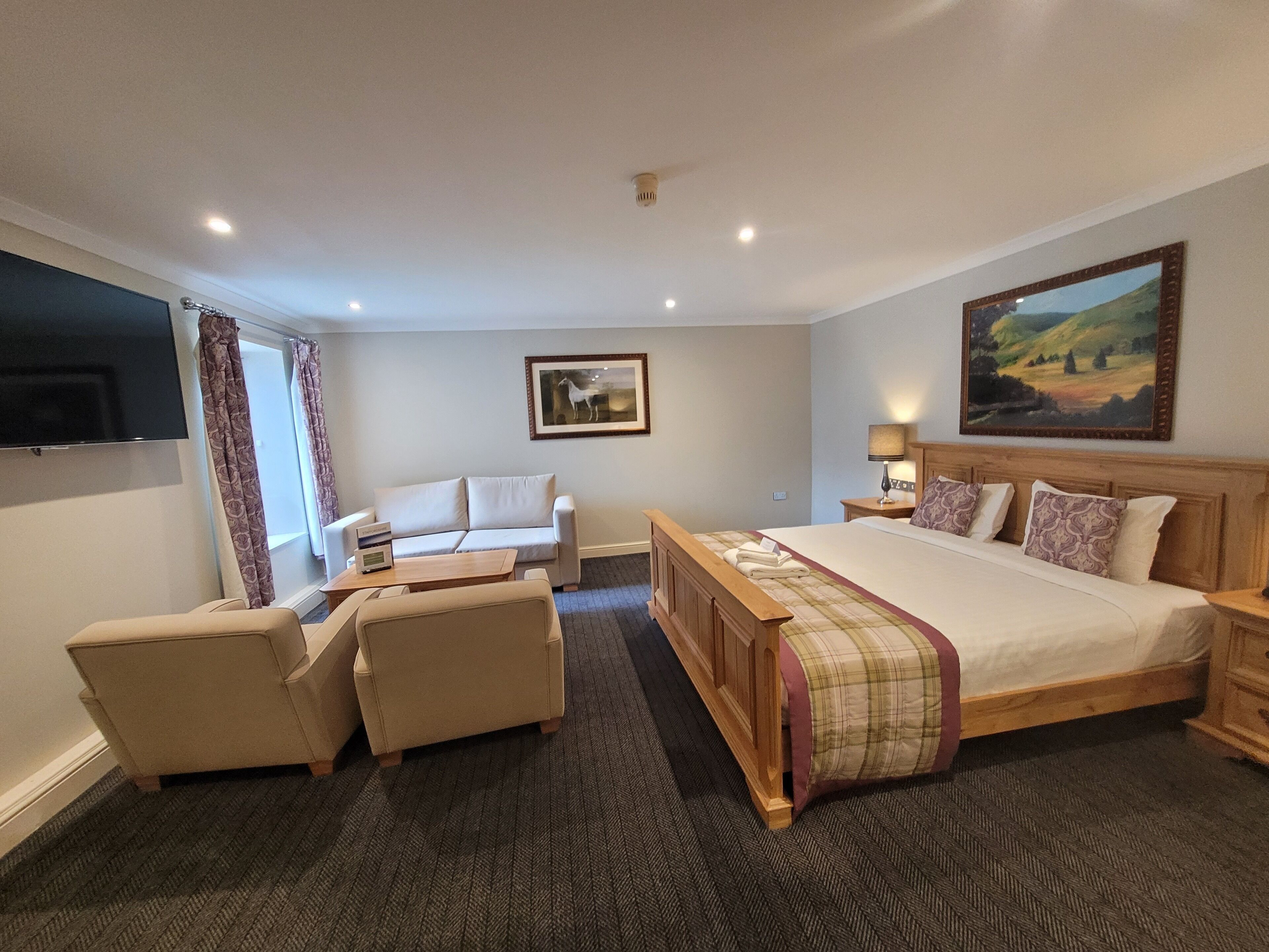A hotel room with a bed, a sofa, a chair, a TV, and a painting on the wall.
