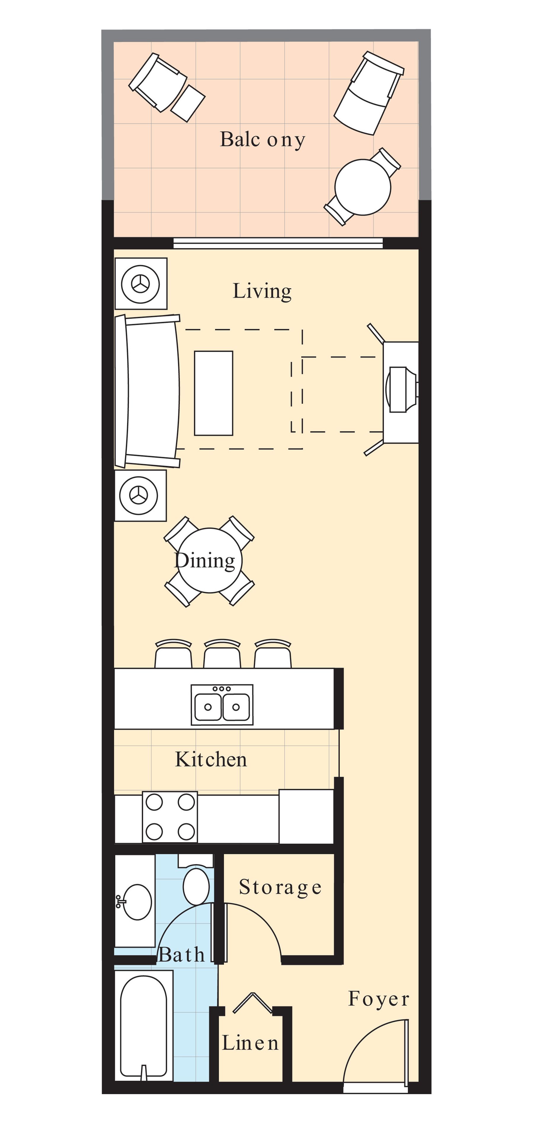Plan d’étage d’un hôtel comprenant un balcon, un espace de vie, un coin repas, une cuisine, un espace de rangement, une salle de bain, du linge de maison et un hall d’entrée.