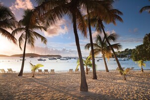 A beach with palm trees, lounge chairs, and boats in the water.