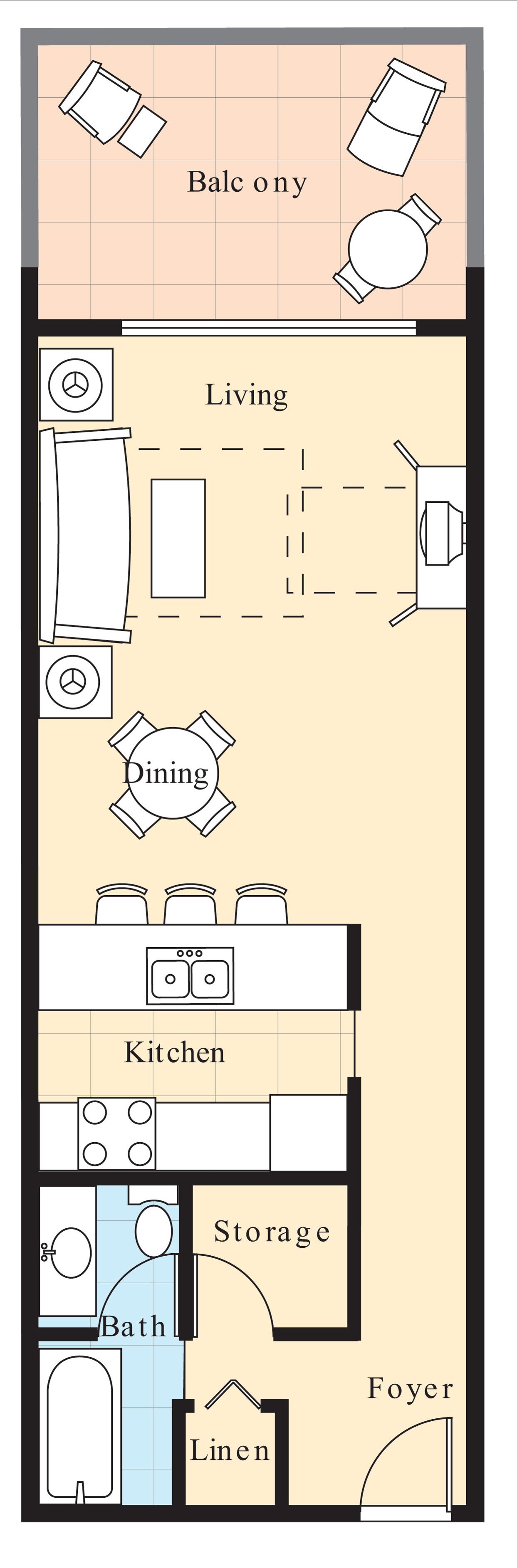 Plano de planta de un hotel con balcón, sala de estar, comedor, cocina, almacenamiento, baño, ropa de cama y vestíbulo.
