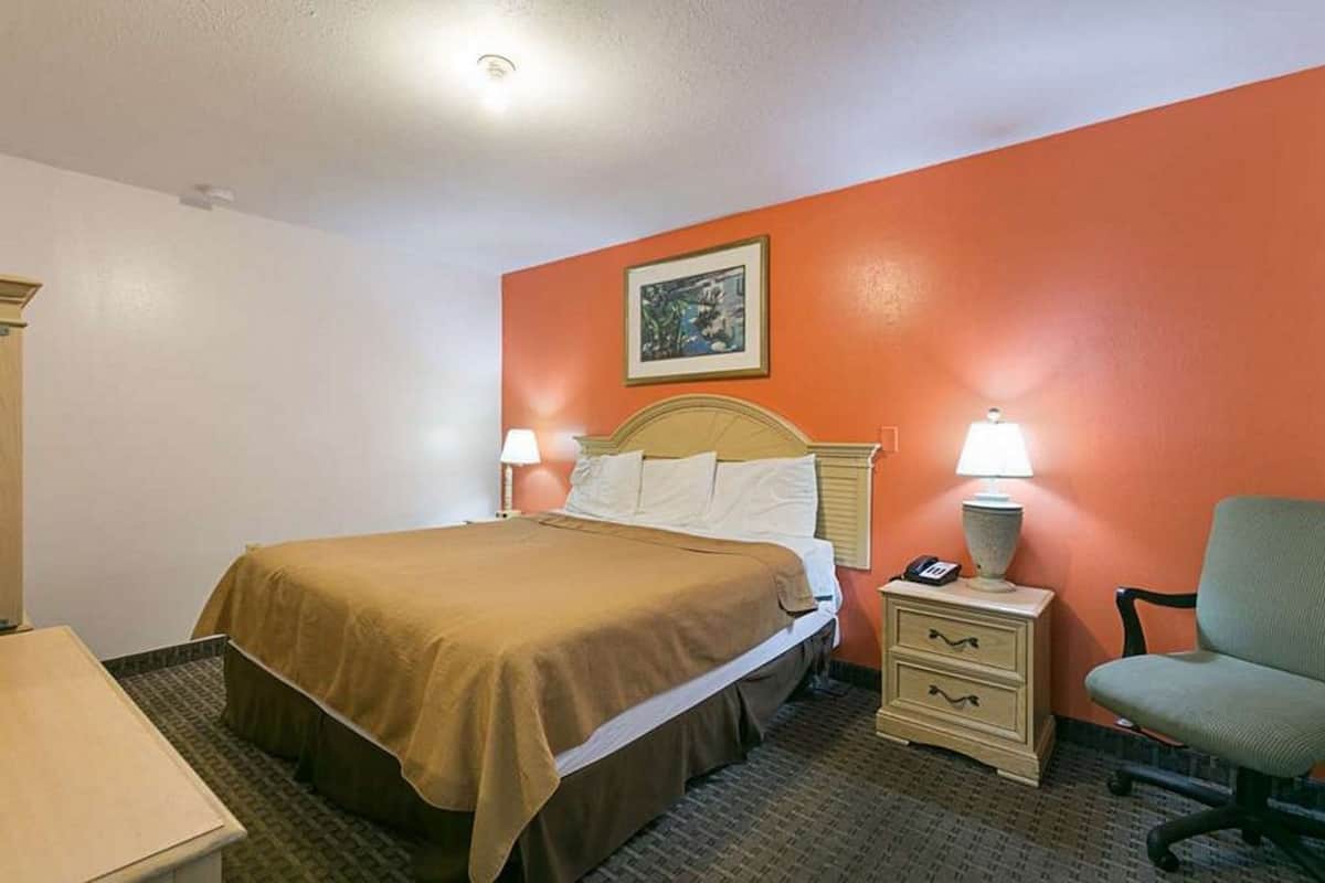 Habitación de hotel con una cama individual, una mesita de noche con lámpara, una silla y una pequeña mesa.