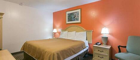 A hotel room with a single bed, a nightstand with a lamp, a chair, and a small table.