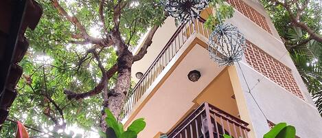 Un edificio con balcón, rodeado de abundante vegetación y plantas en macetas.