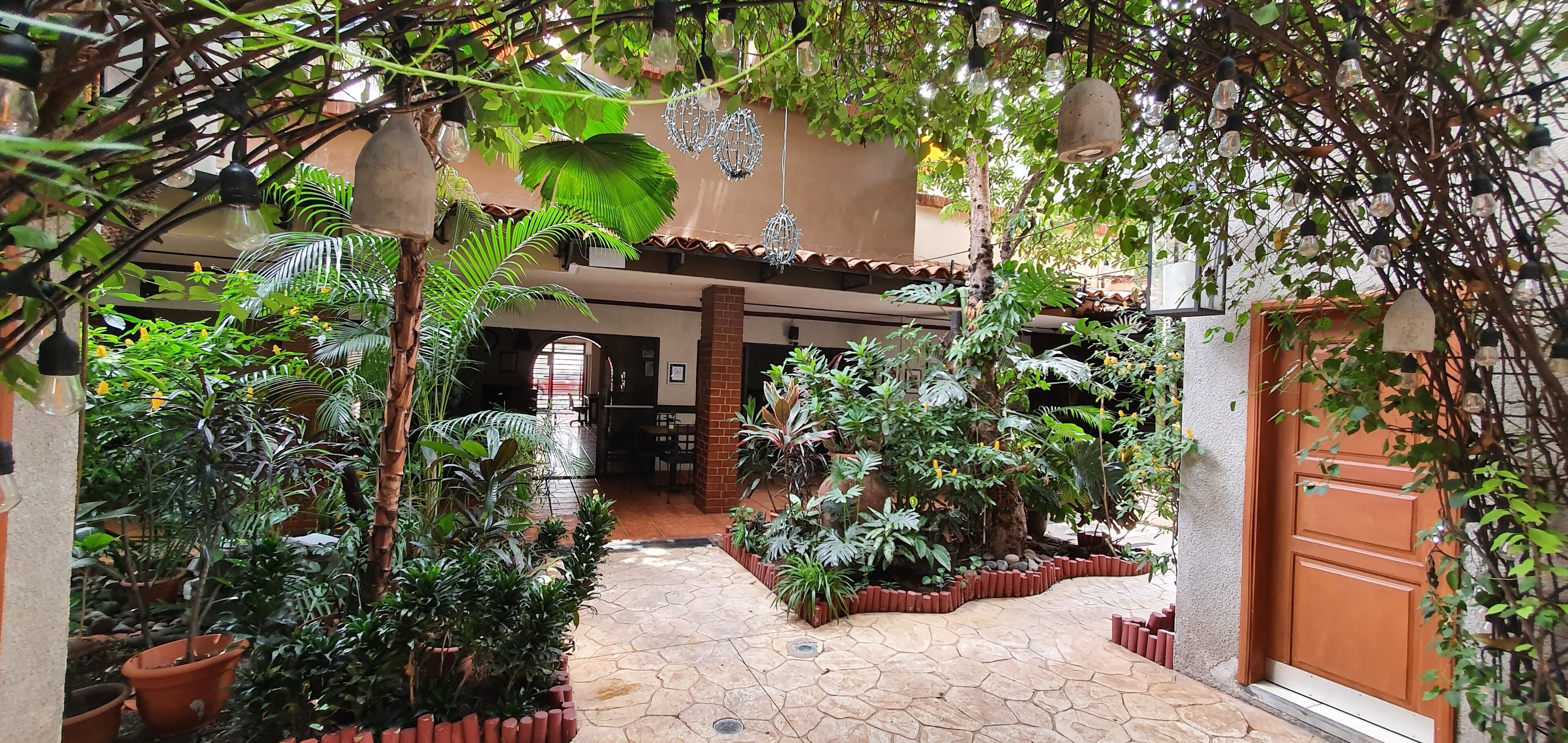 A courtyard with potted plants, a tiled pathway, and a wooden door.