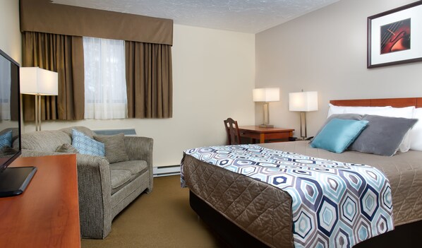 A hotel room with a bed, a sofa, a desk, and a chair.