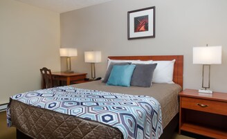 Una habitación de hotel con cama, mesitas de noche, escritorio y una silla.