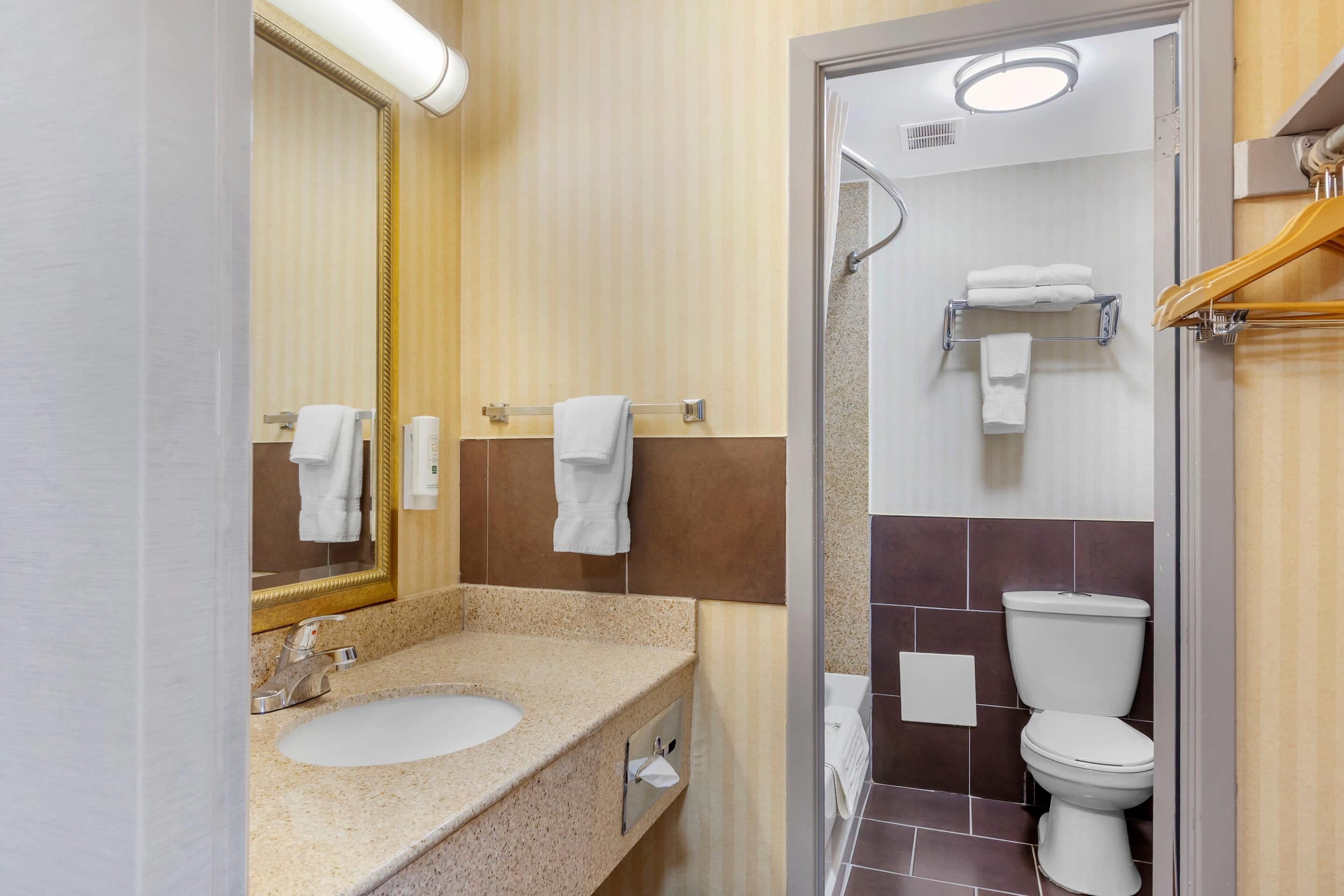A bathroom with a sink, mirror, towel rack, and toilet.