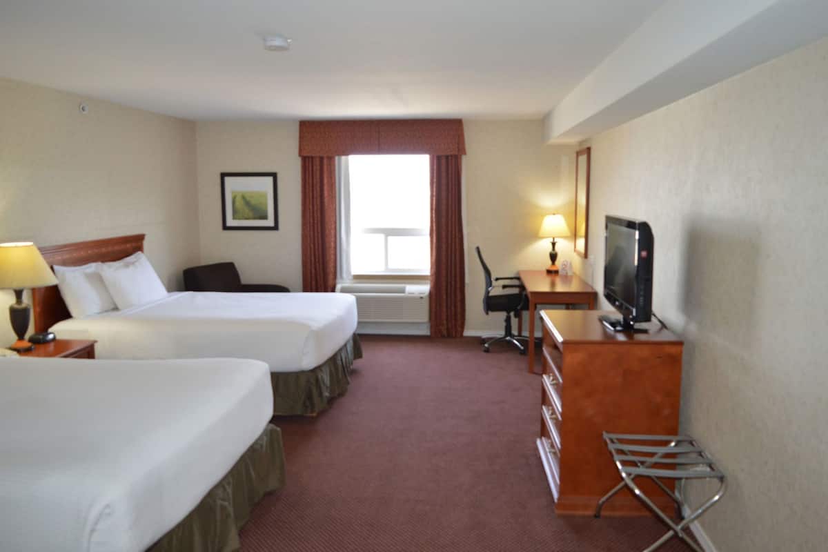 A hotel room with two beds, a desk with a television, a chair, a lamp, and a picture on the wall.