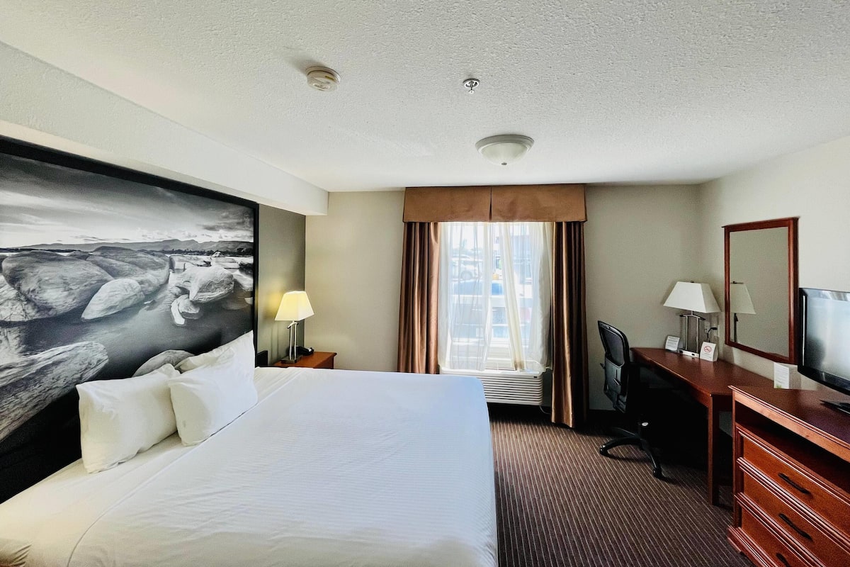 A hotel room with a large bed, a desk, a chair, a television, a window with curtains, and a painting on the wall.