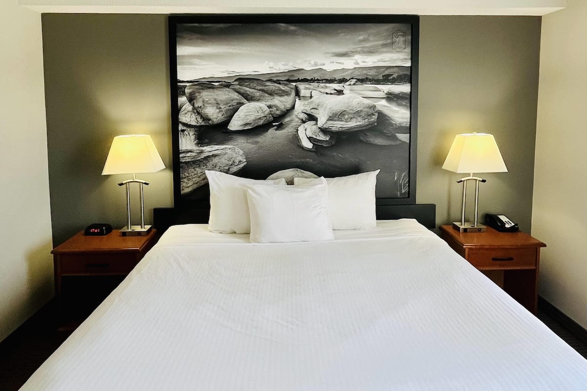 A hotel room with a large bed, two bedside tables with lamps, a nightstand with a phone, and a large black and white photograph on the wall.