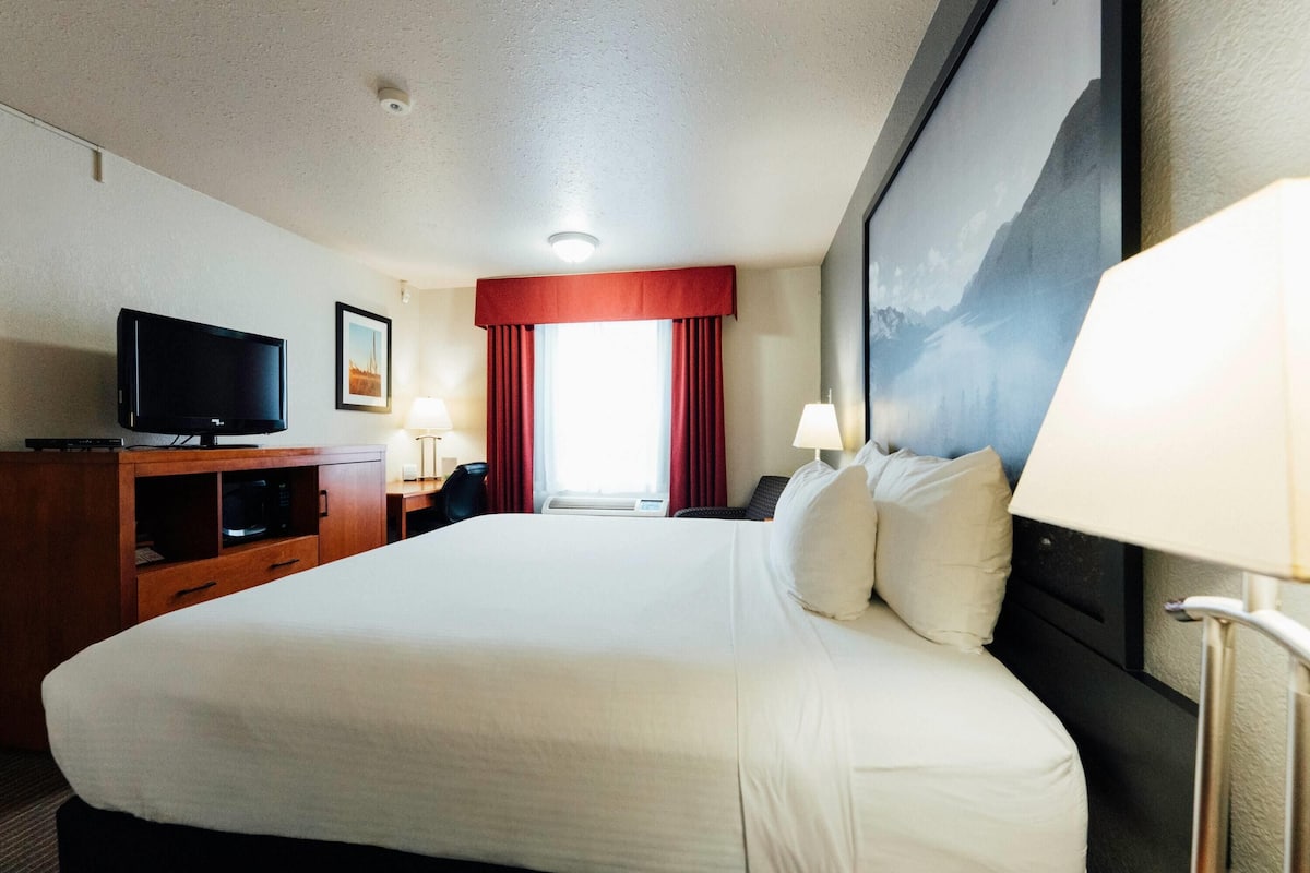 A hotel room with a large bed, a television, a desk with a lamp, and a window with red curtains.