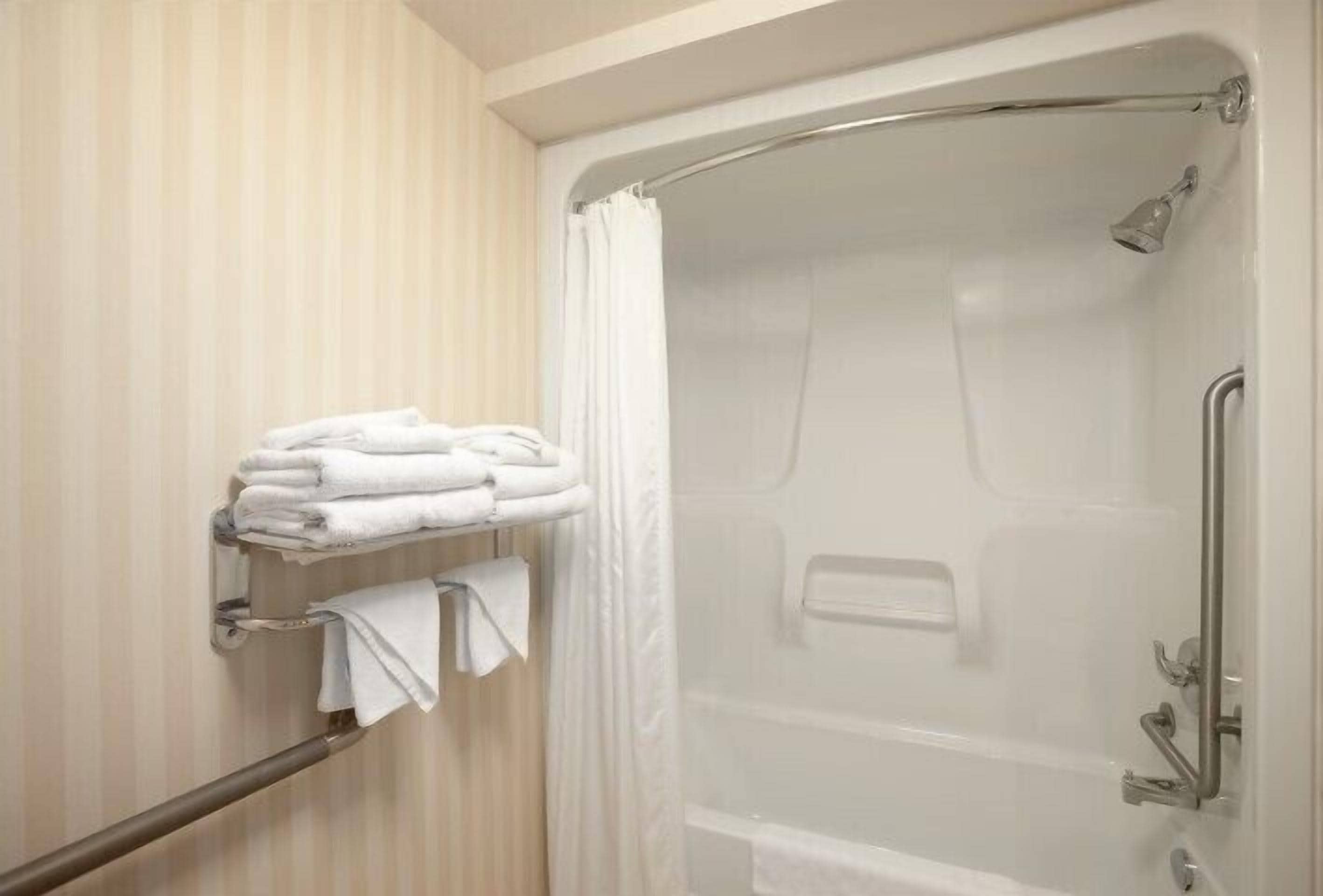 combined shower/bathtub, free toiletries, hair dryer, towels