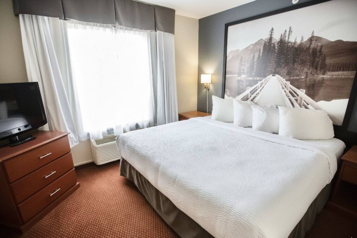 Premium bedding, down comforters, laptop workspace, blackout drapes