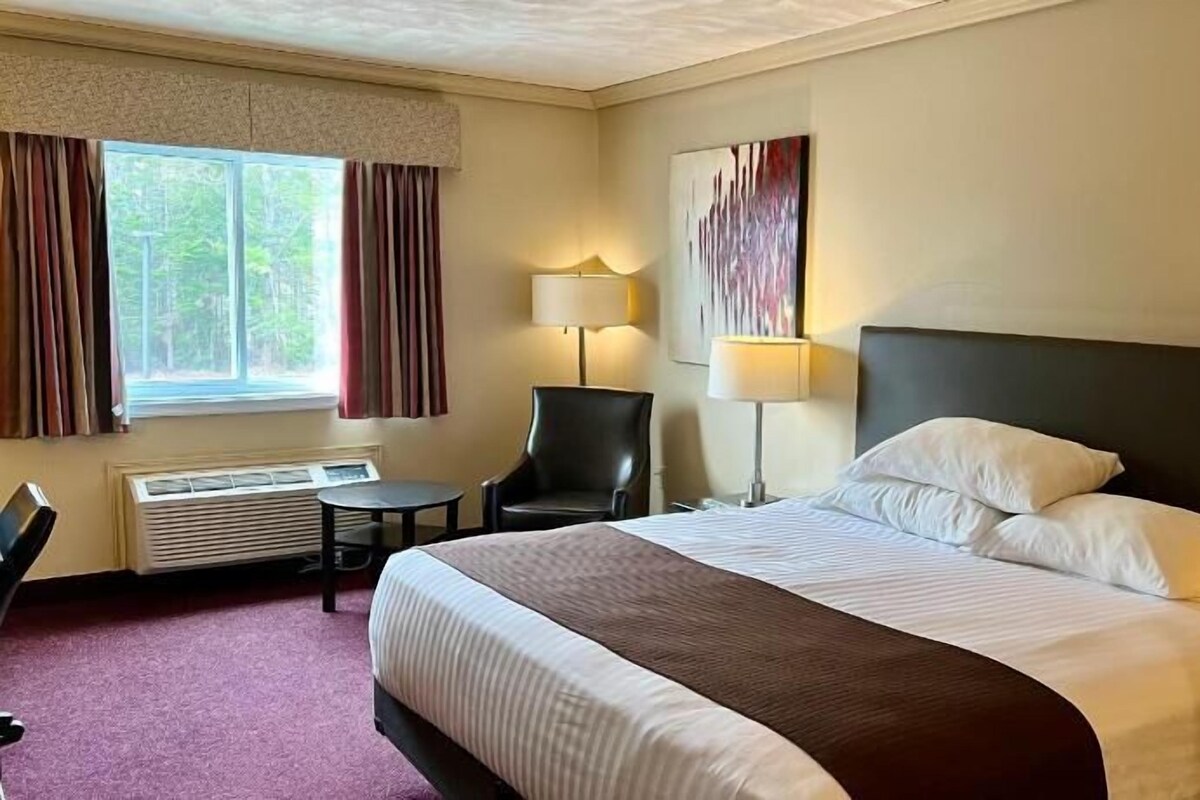 A hotel room with a bed, a chair, a desk, and a window.