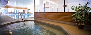 Una piscina interior con solárium de madera y una planta en maceta.
