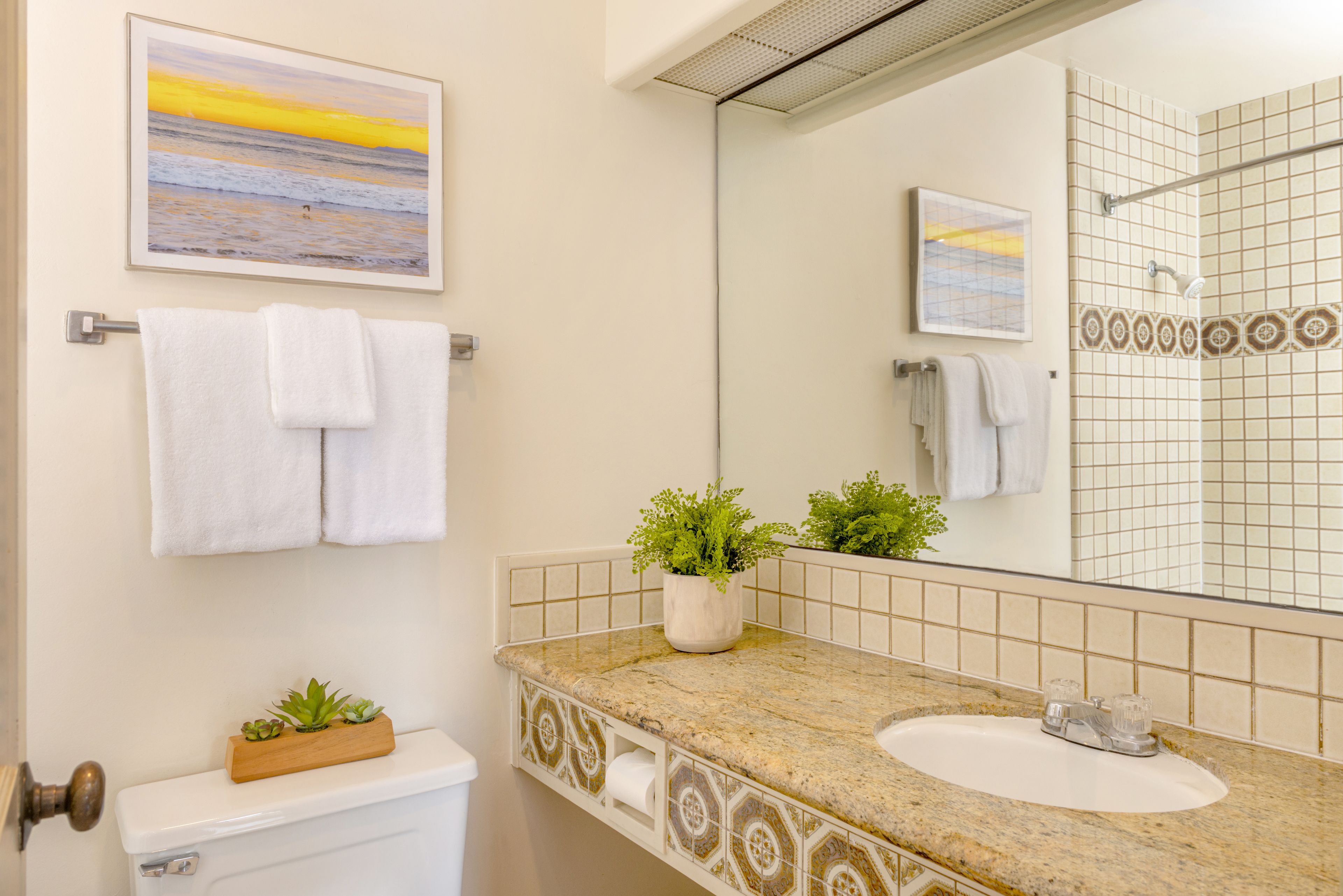 Une salle de bain avec des toilettes, un lavabo et un grand miroir. Deux plantes en pot sont posées sur le comptoir du lavabo.
