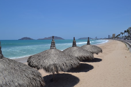 Beach nearby, sun loungers