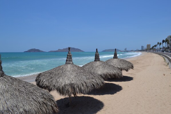 Beach nearby, sun loungers