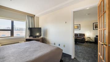 A hotel room with a large bed, a television, a window with curtains, and a view of the outside.