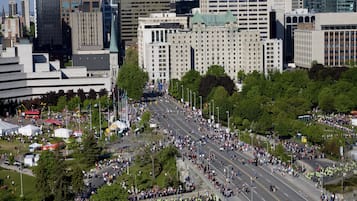 Una calle urbana con una multitud, edificios y árboles.