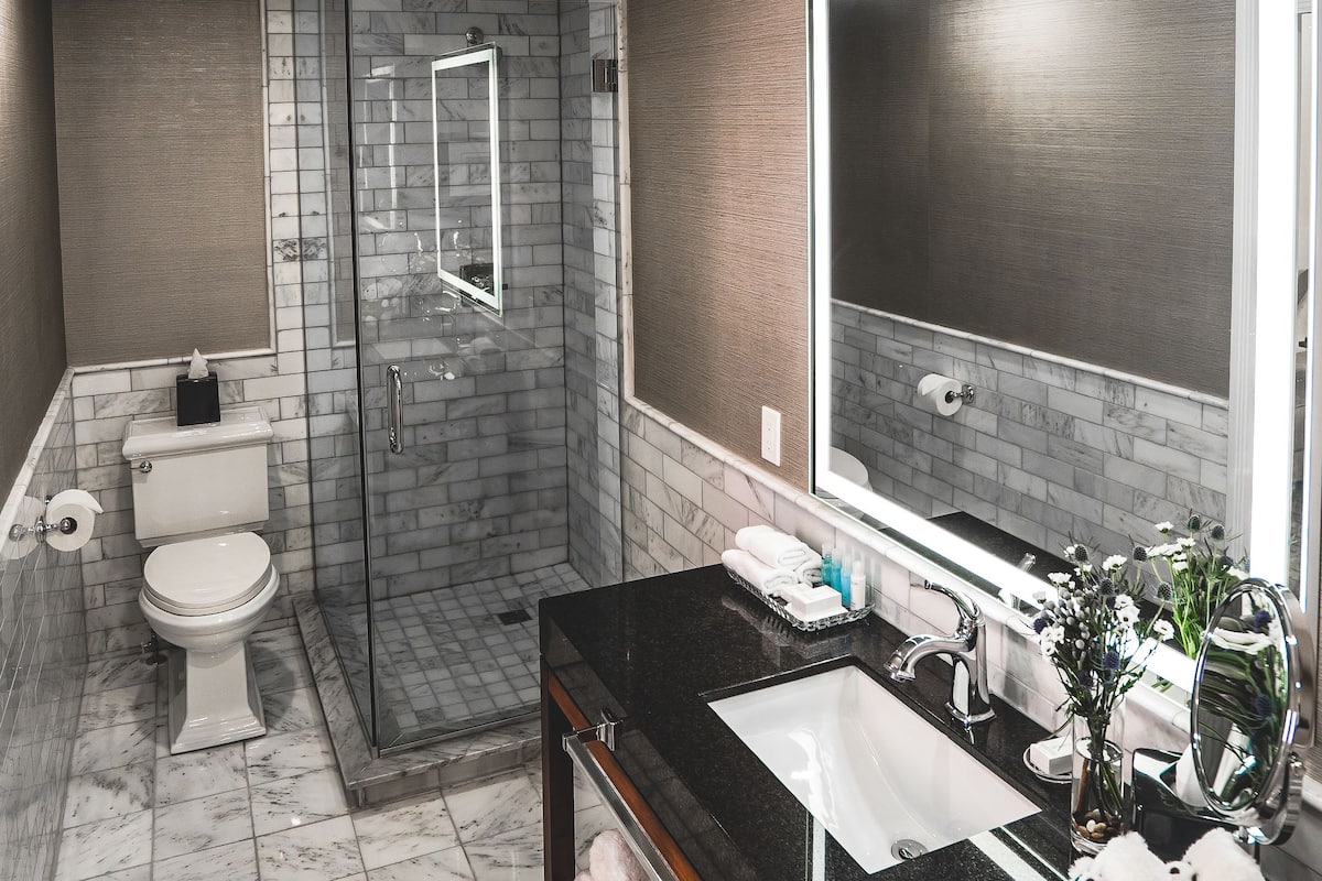 elgin class executive room, 1 king bed | bathroom | eco-friendly toiletries, hair dryer, towels