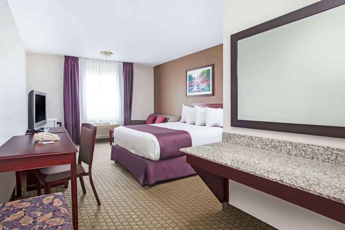 Une chambre d’hôtel comprenant un lit, un bureau avec une chaise, une télévision et un grand miroir.