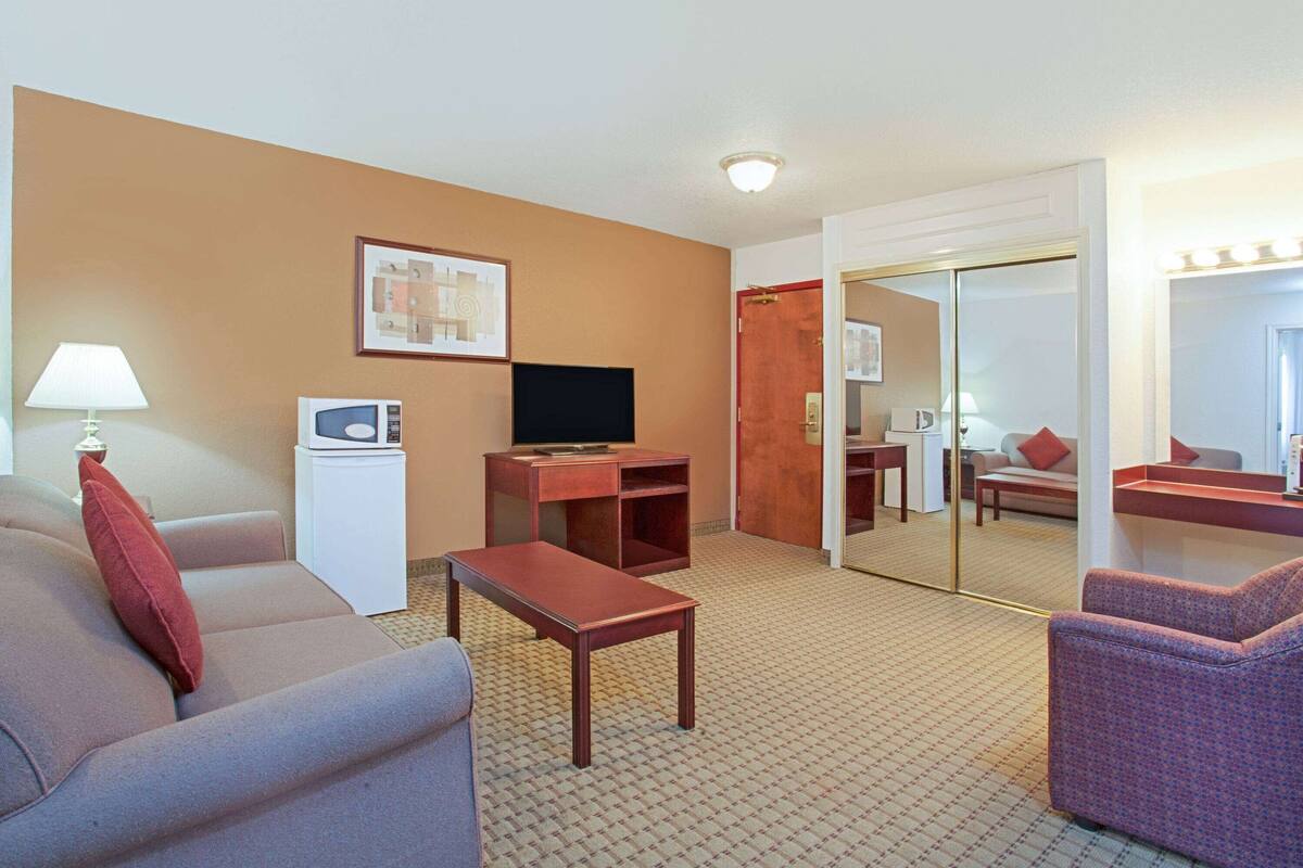 Une chambre d’hôtel équipée d’un canapé, d’une petite table, d’une télévision, d’un four à micro-ondes et d’un miroir.