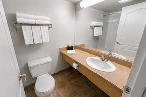 Combined shower/bathtub, designer toiletries, hair dryer, bathrobes