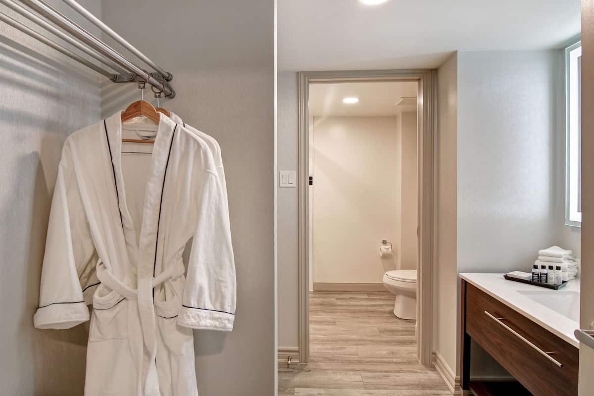 combined shower/bathtub, designer toiletries, hair dryer, towels