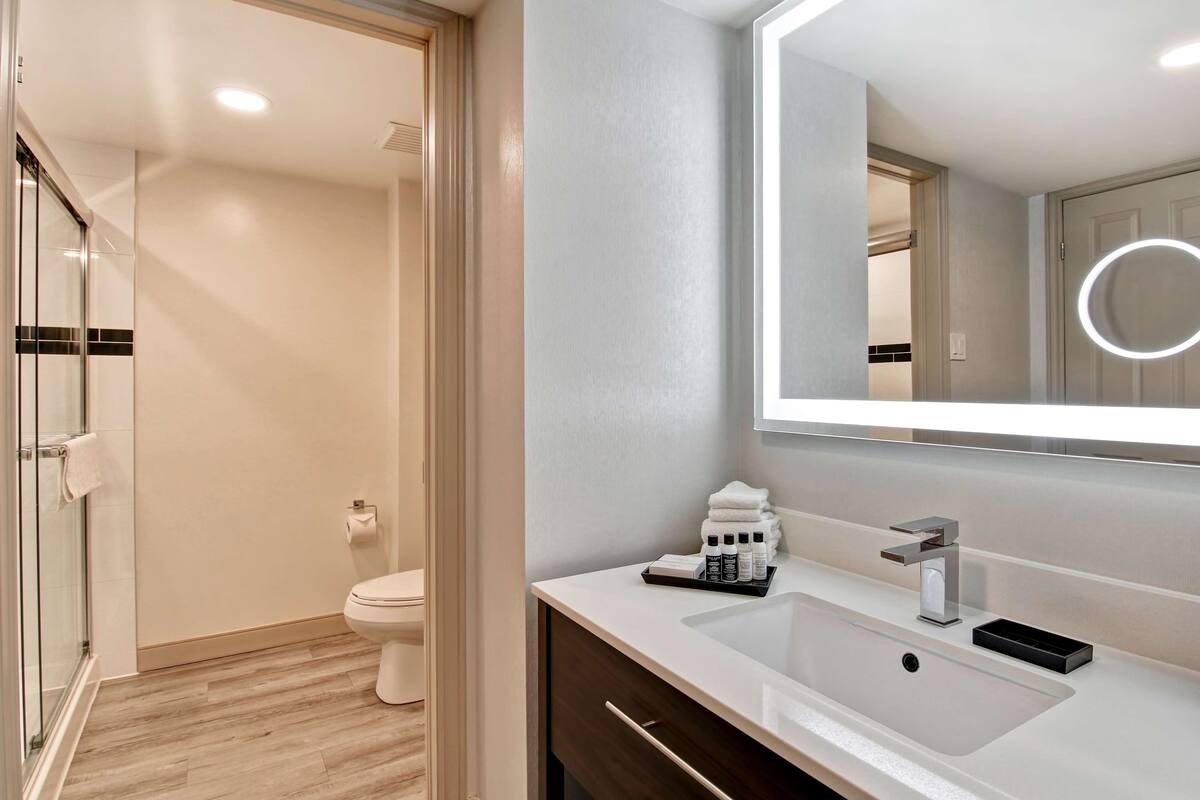 combined shower/bathtub, designer toiletries, hair dryer, towels