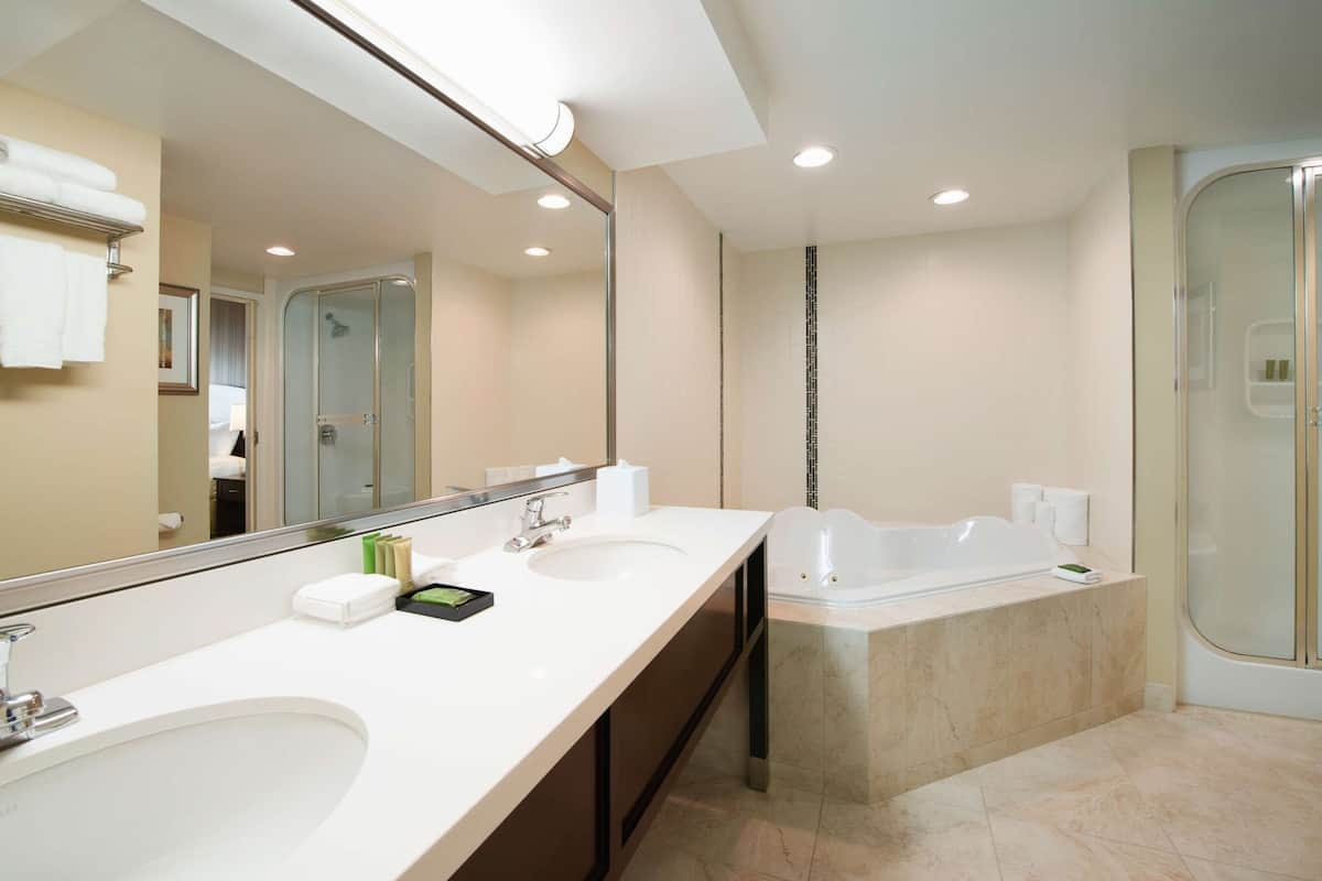 suite, 1 king bed, non smoking, jetted tub | bathroom | combined shower/bathtub, deep-soaking bathtub, hydromassage showerhead