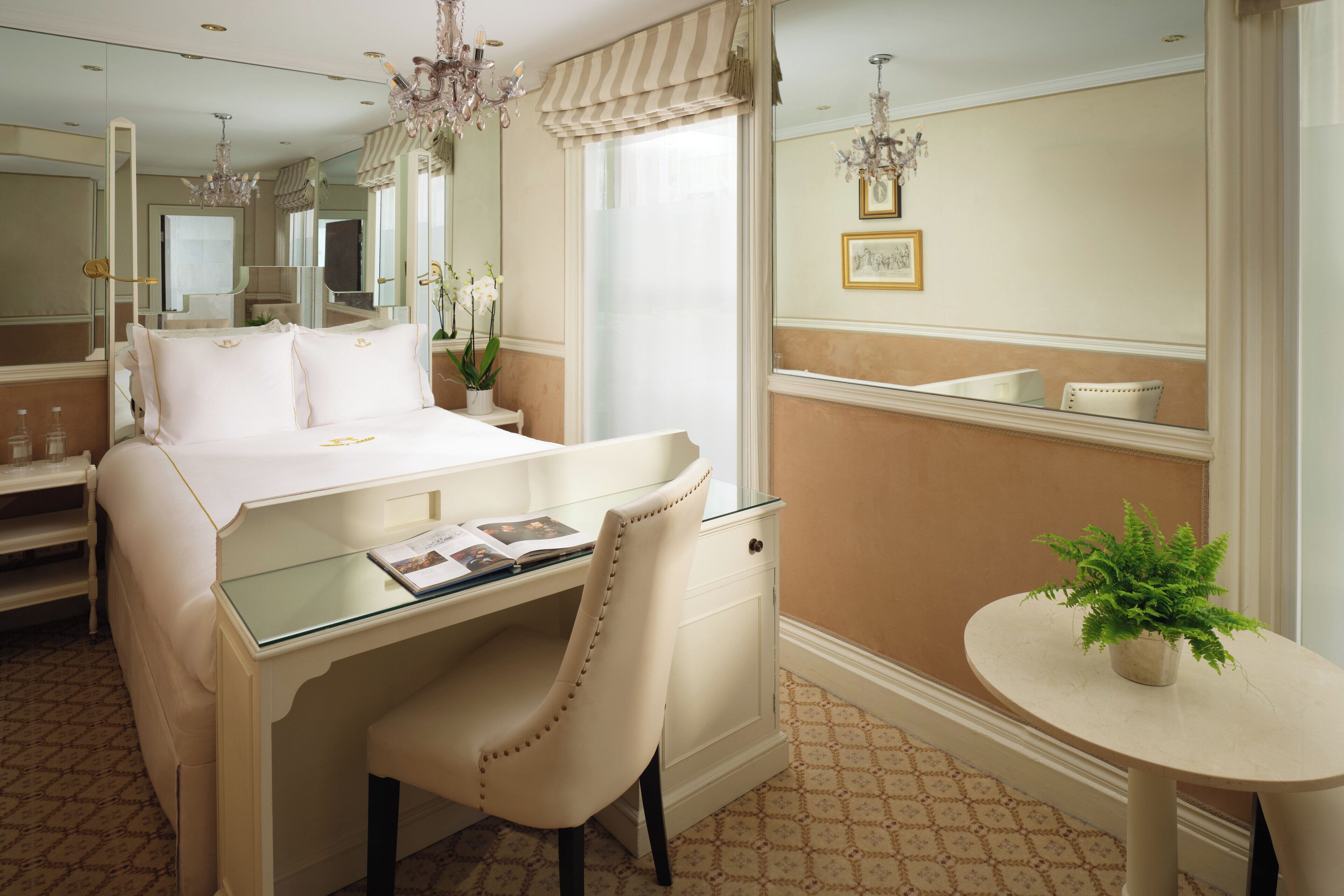 A hotel room with a bed, a desk, a chair, a round table, and a potted plant.