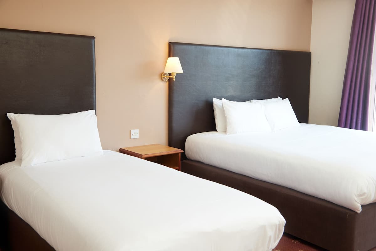 Two single beds with dark headboards, a bedside table, and a wall-mounted lamp.