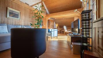 A wooden interior with a sofa, a chair, a TV, and a plant.